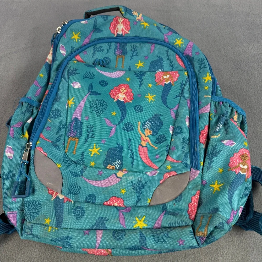 Kids Mermaid Print Backpack Teal Blue School Bag with Reflective Safety Patches